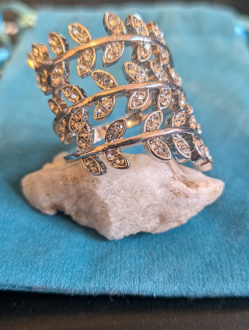 Silver Leaf Crystal Wrap Ring - Silver